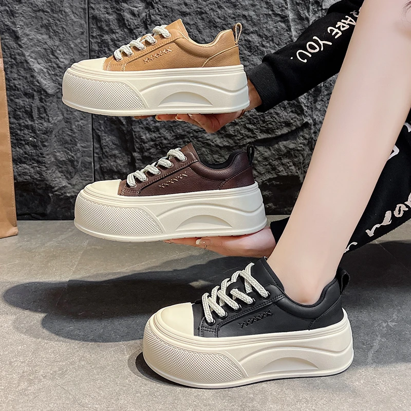 时尚增高休闲鞋女爆款2025秋新款潮流复古百搭厚底系带板鞋