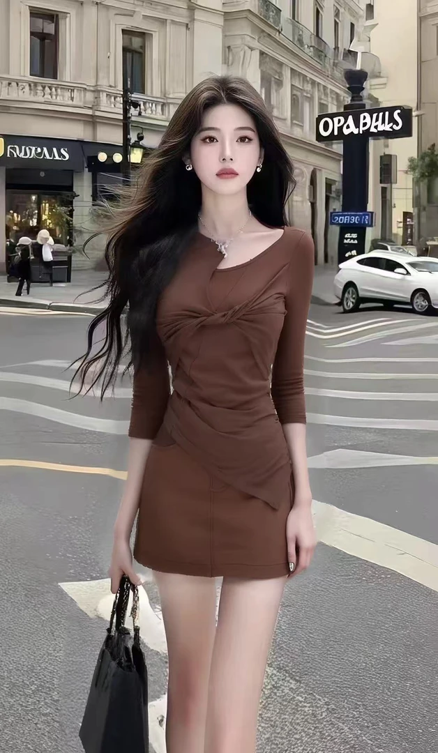 纯欲气质氛围感穿搭咖色修身不规则上衣+咖色包臀半身裙女两件套