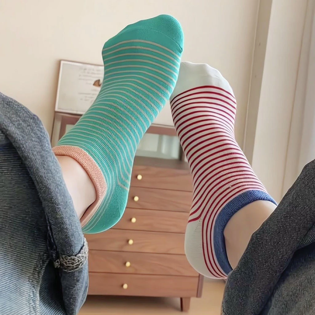 【4双福利】夏季袜子女拼色薄款短袜新款条纹透气不掉跟多巴胺船袜