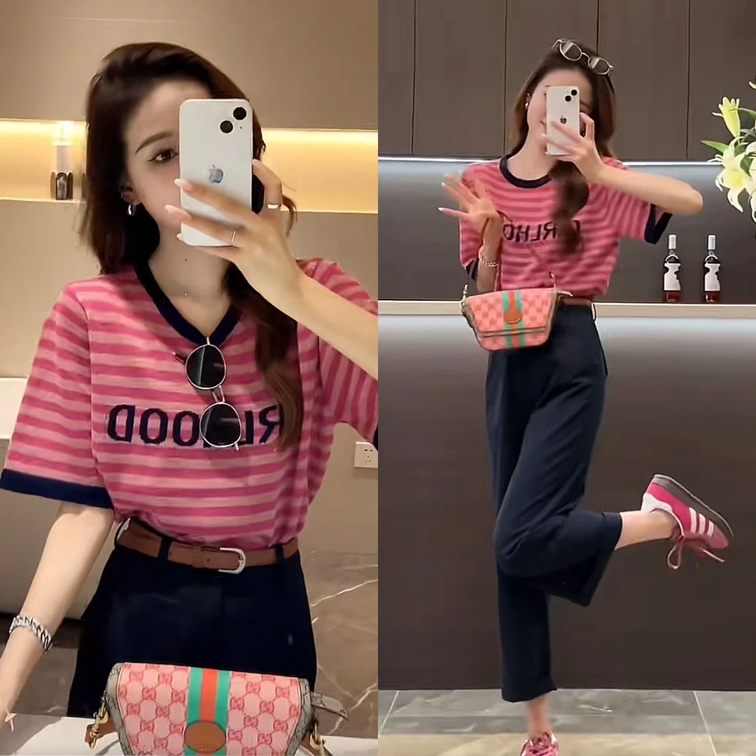 爆款夏季一整套女装2025新款条纹短袖T恤上衣洋气休闲裤两件套潮