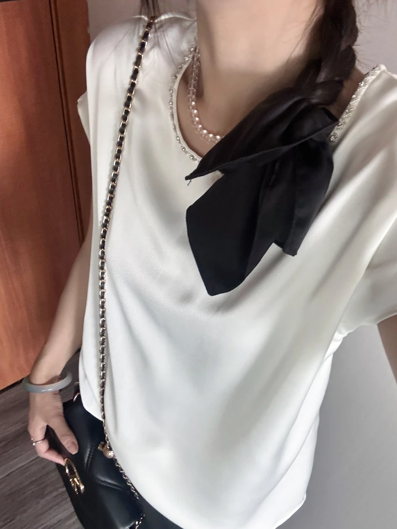薄款钉珠法式夏季显瘦衬衫无袖上衣黑白女装撞色圆领时尚百搭