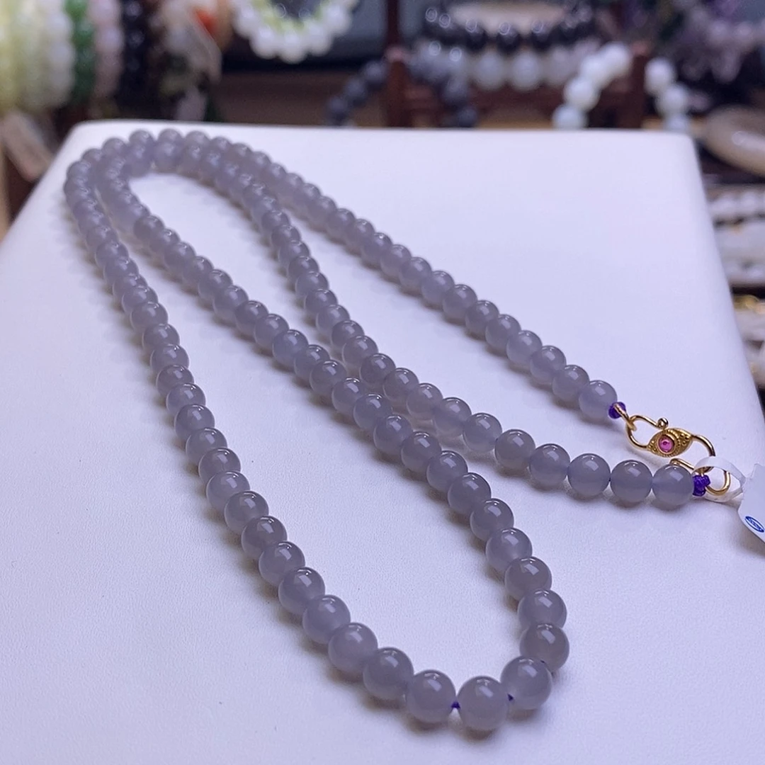 颈饰未镶嵌和田玉收藏级烟紫老矿料高冰葡萄紫珠链6m