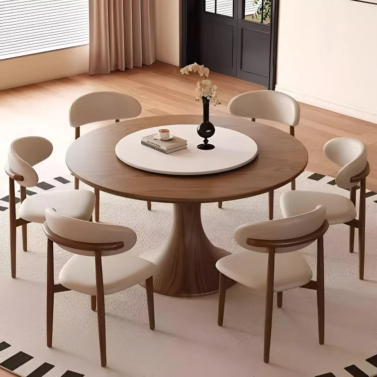 简约风小蛮腰圆桌带转盘家用胡桃色白蜡木简约小户型设计师圆餐桌