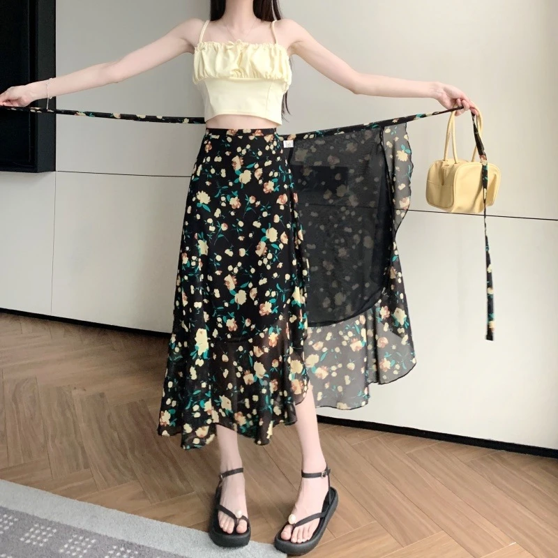度假风碎花雪纺半身裙夏新款一片式围裙荷叶边包臀裙温柔风淑女裙