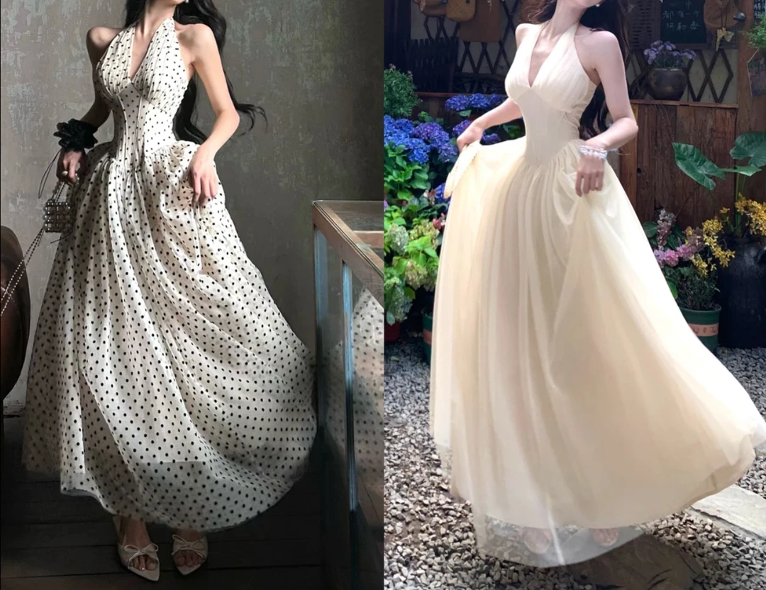 GGE [定制]  法式气质高级时尚小众设计波点纯欲连衣裙长裙