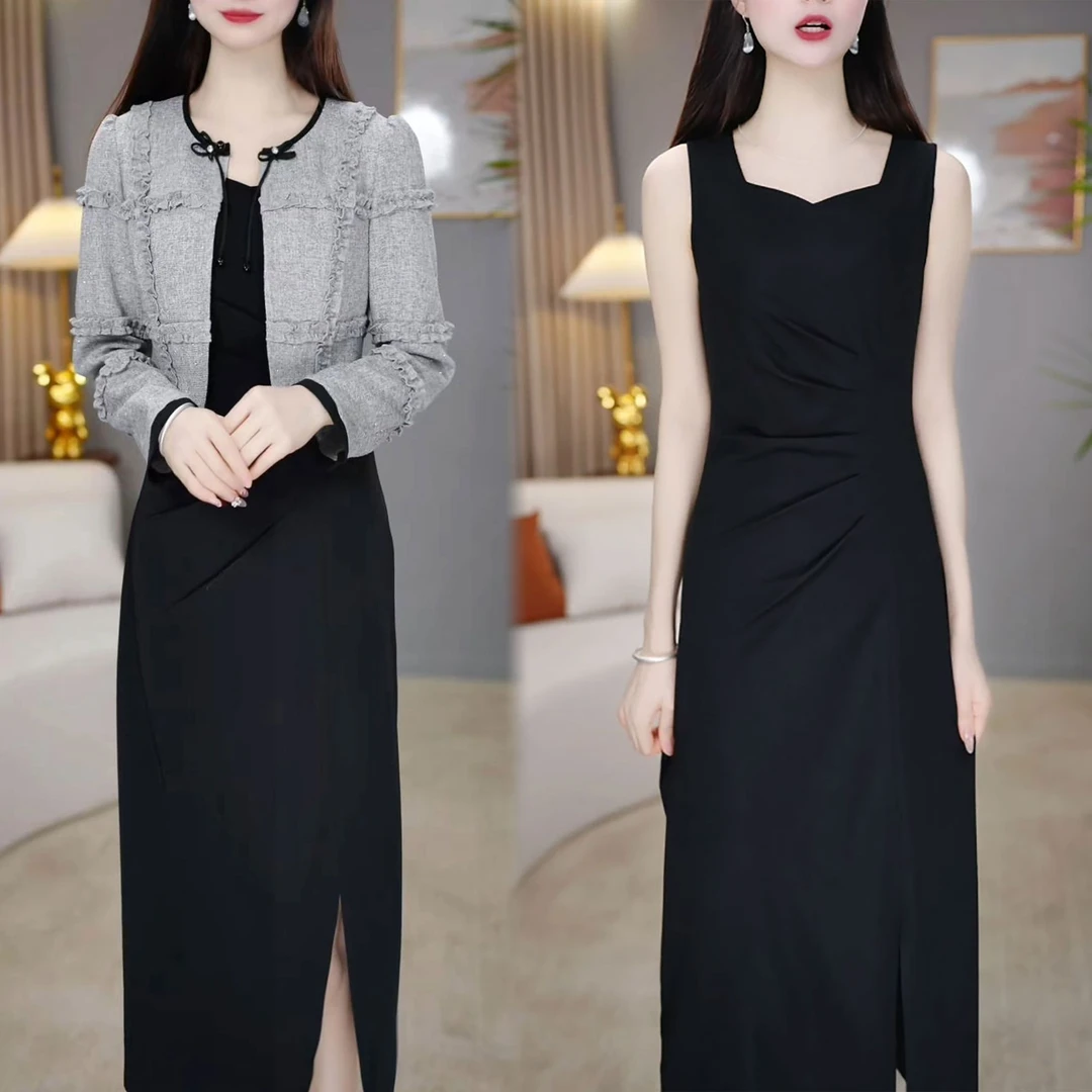 2025秋季新款时尚减龄外套遮肚百搭背心连衣裙两件套气质优雅长裙