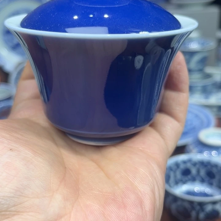 摆件陶景德镇陶瓷霁蓝盖碗内绘