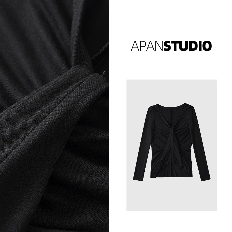 Apan Studio 纯欲辣妹性感V领修身显瘦不规则褶皱长袖T恤打底上衣