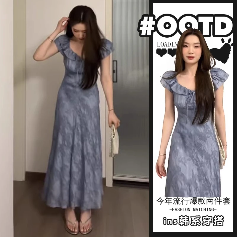 韩系蓝色荷叶边系带提花连衣裙女2025夏季新款法式泡泡袖连衣裙子