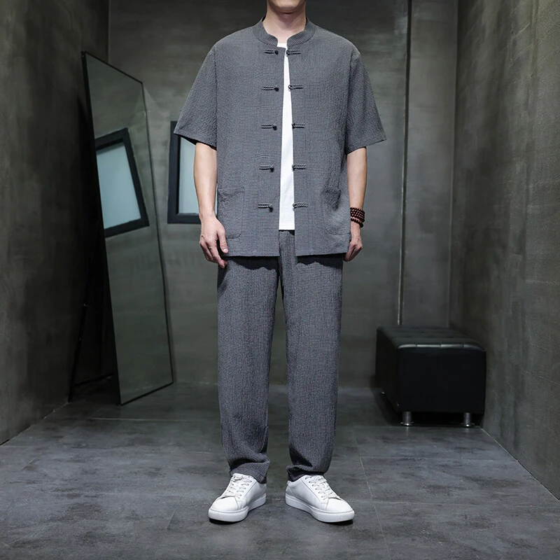 夏季新款短袖免烫轻奢冰丝衬衫休闲凉感盘扣套装中式休闲复古薄款