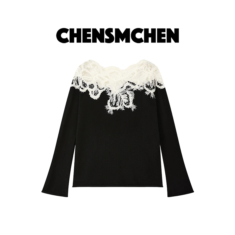 CHENSMCHEN 绵羊毛蕾丝拼接长袖毛衣女时尚精致优雅上衣CSM5810RH