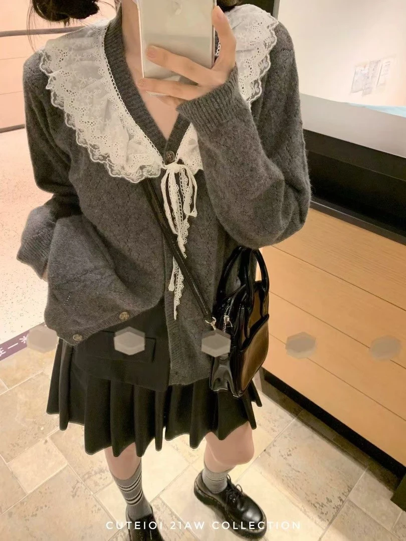 miu系娃娃领毛衣女秋季可爱甜美蕾丝边V领慵懒风针织开衫外套上衣