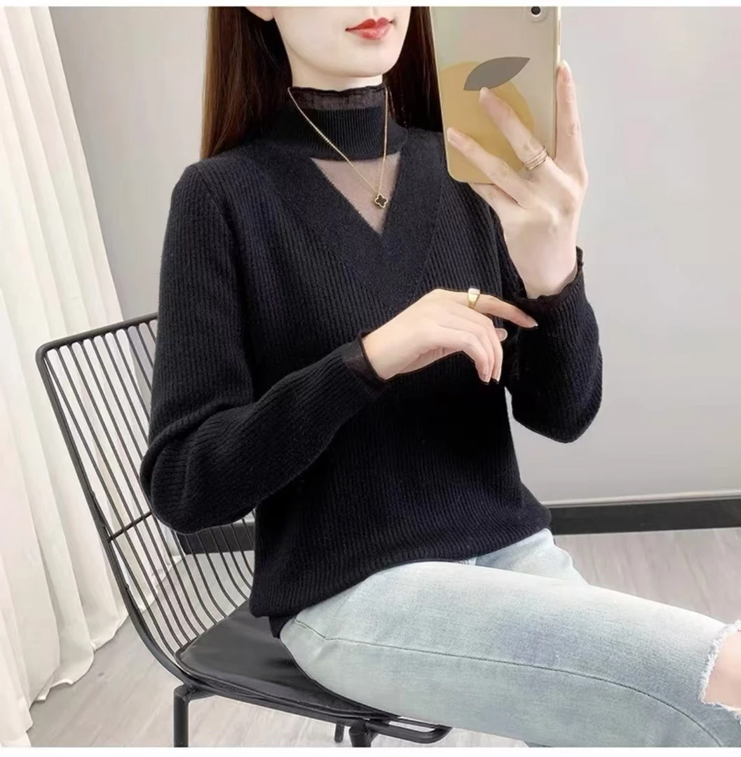 Y43 秋冬蕾丝边加绒加厚半高领一体绒针织打底衫