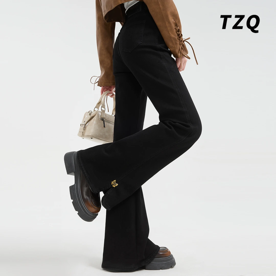 黑色蝴蝶结微喇牛仔裤女爆款2025秋季新款加绒小个子弹力喇叭裤子