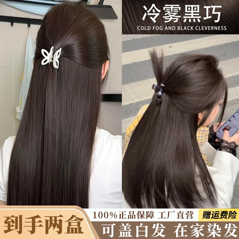 【拍一发二盒】冷雾黑巧色染发膏盖白黑色植物泡泡不伤发天然自己染