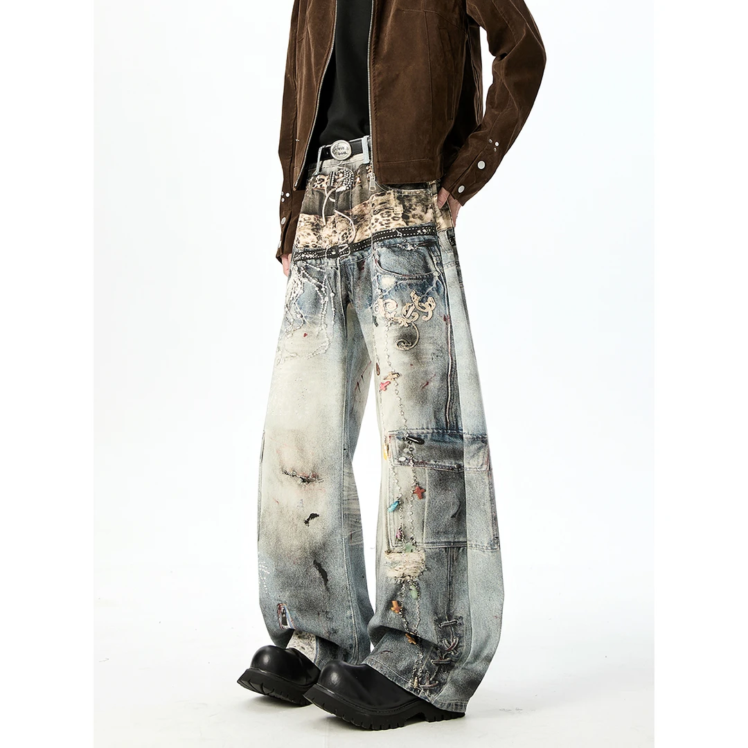 York Zoom秋冬印花泼墨美式牛仔裤宽松高街复古扎染百搭直筒潮流