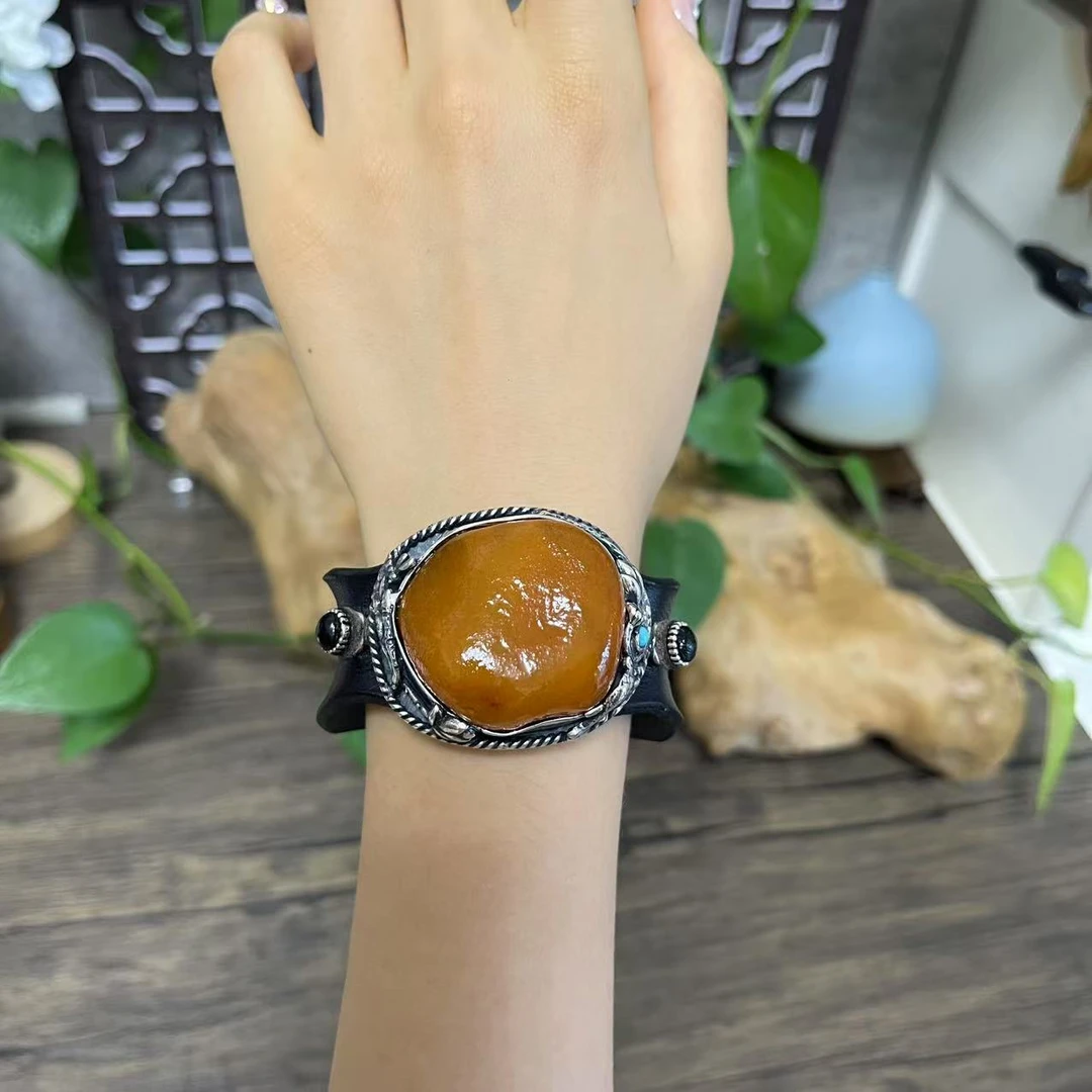 LYliuyng海漂全皮品质蜜蜡原石牛皮手镯精工银镶独特不规则皮镯子