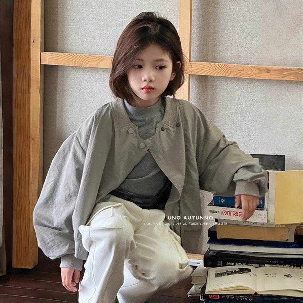 女童秋装2025新款冲锋衣中大儿童短款夹克运动棒球服外套长袖复古