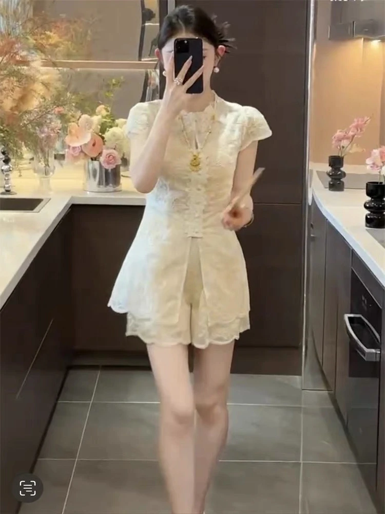 时尚套装网红气质时尚复古收腰开叉短袖显瘦阔腿短裤裤减龄小个子