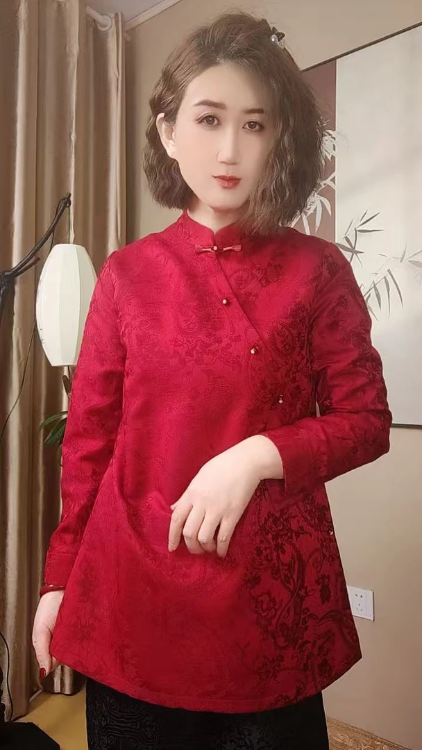 腰果花高档新中式立领国风上衣中长款衬衫打底衫红色本命年