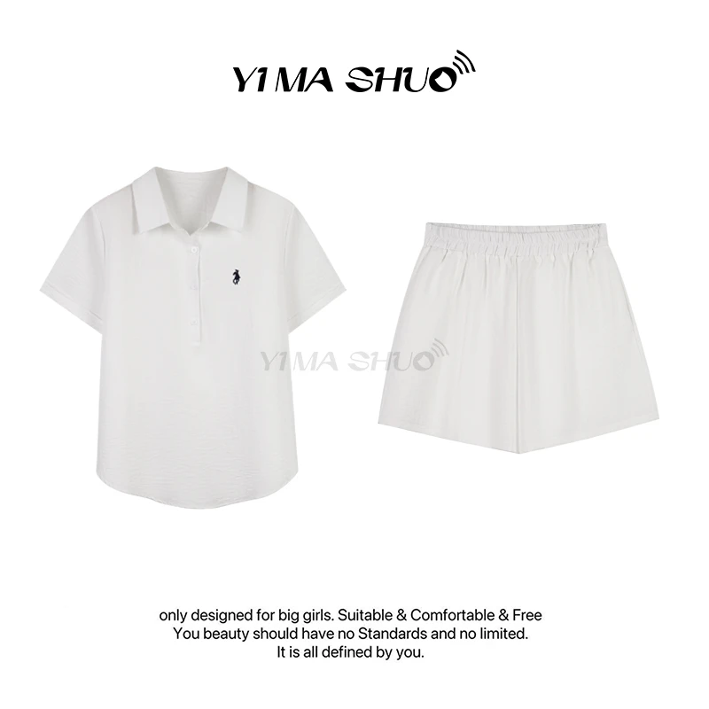 【伊妈说大码女装】新款大码女时尚套装polo领上衣高腰短裤两件套