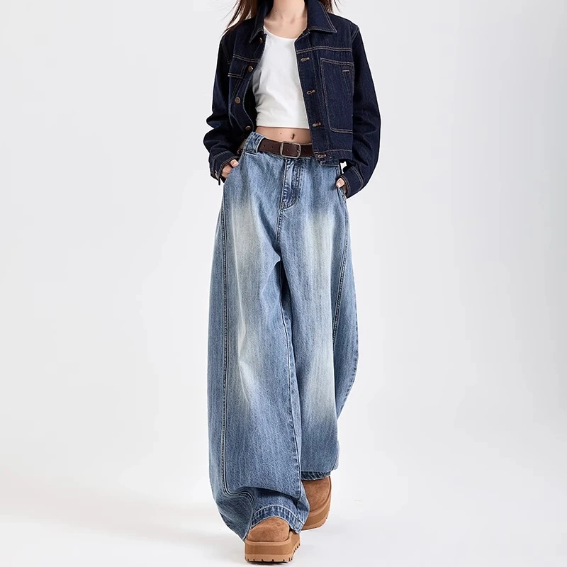 美式高街弯刀牛仔裤女宽松阔腿高腰腿粗梨型身材慵懒竹节纹理裤子