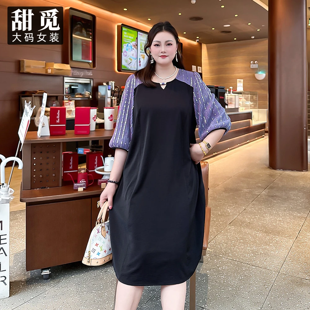 甜觅特大码女装2025夏季胖mm300斤镶钻钉珠亮片拼接中长款连衣裙