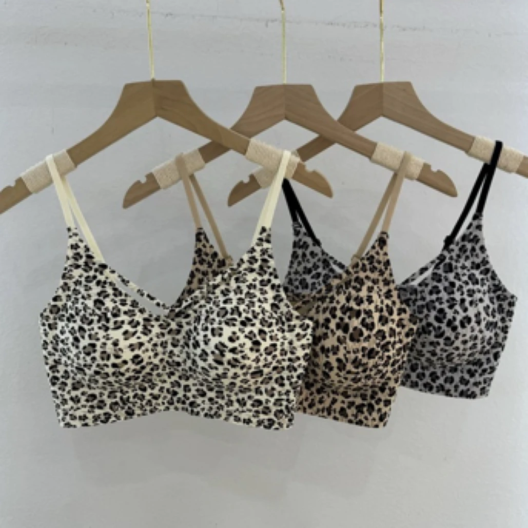 黛美芮6522性感豹纹交叉V领美背抹胸固定杯聚拢内衣女无痕文胸罩