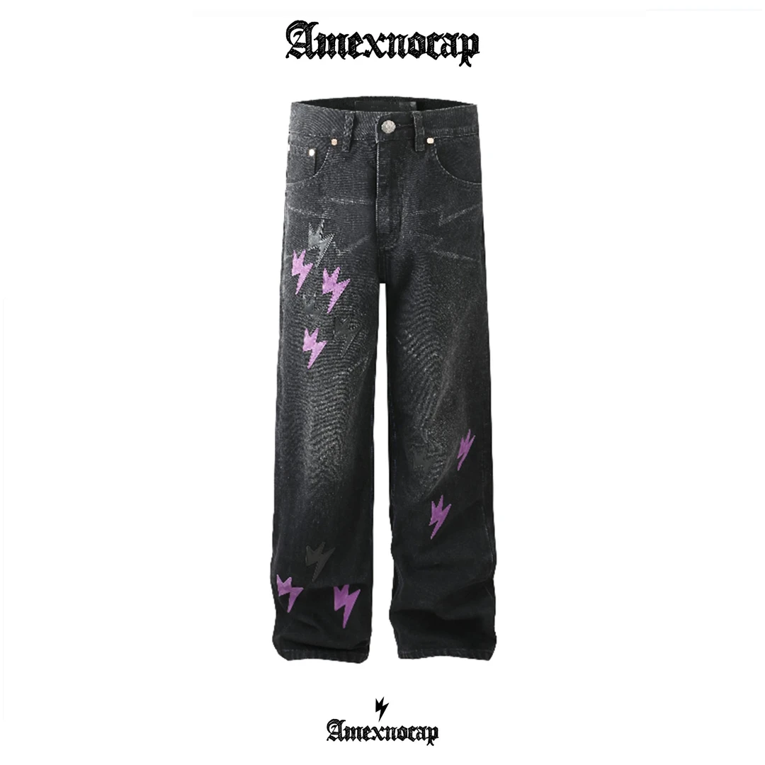 【暗夜紫】Amexnocap闪电牛直筒黑紫贴皮高盎司做旧洗水黑牛仔裤
