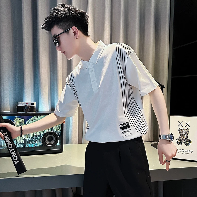 潮流拼接条纹POLO衫2025夏季高级感痞帅男装网红爆款休闲短袖T恤