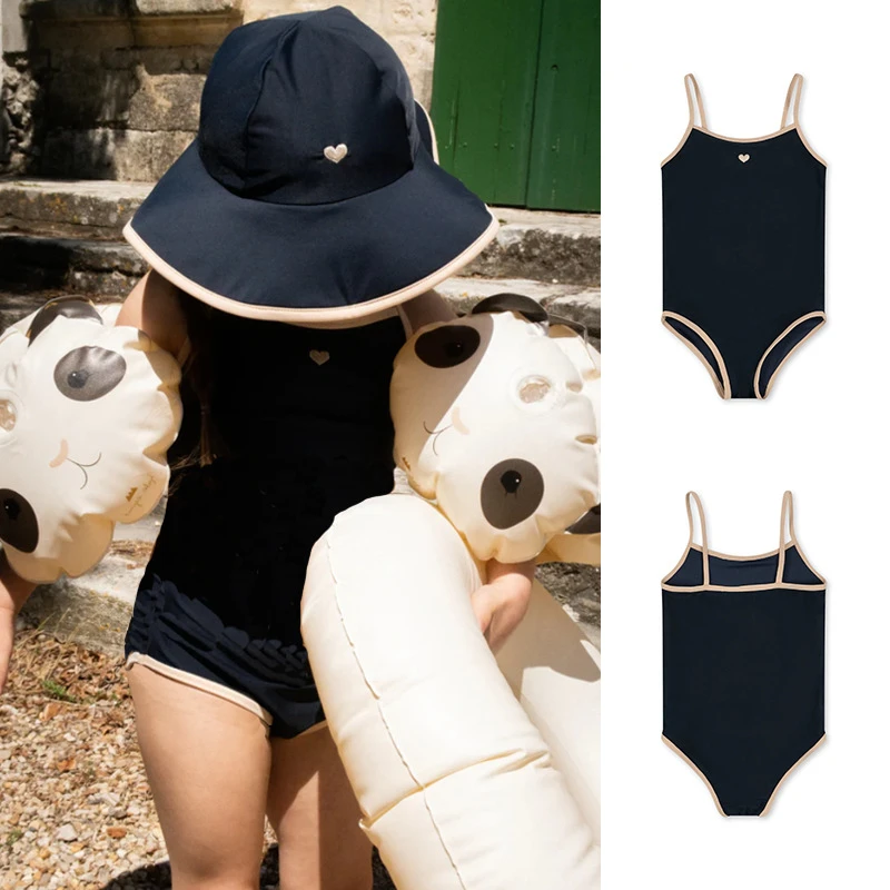 夏季女童连体泳衣25爱心绣花无袖速干女孩宝宝游泳衣度假温泉泳装