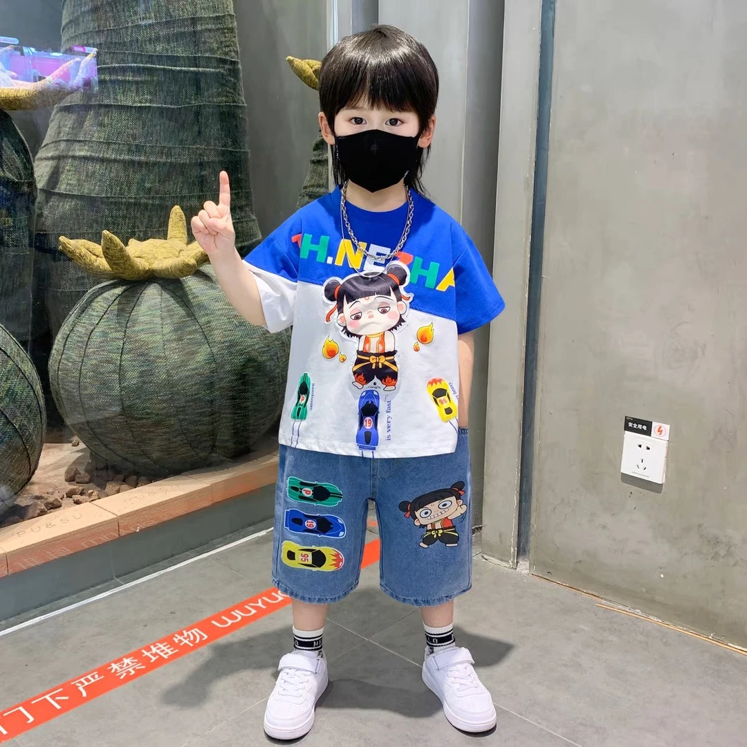 奥洛黛娅儿童哪吒服装夏季套装2025新款男童女童宝宝童装短袖T恤