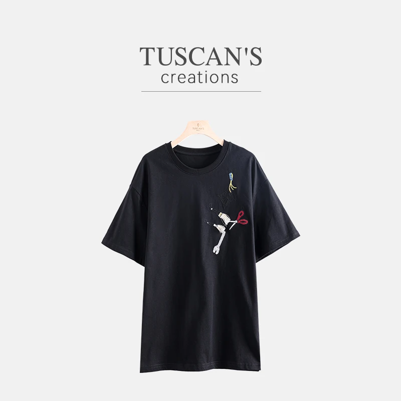 TUSCAN'S CREATIONS新款时尚潮流刺绣宽松简约纯棉T恤时代双鱼