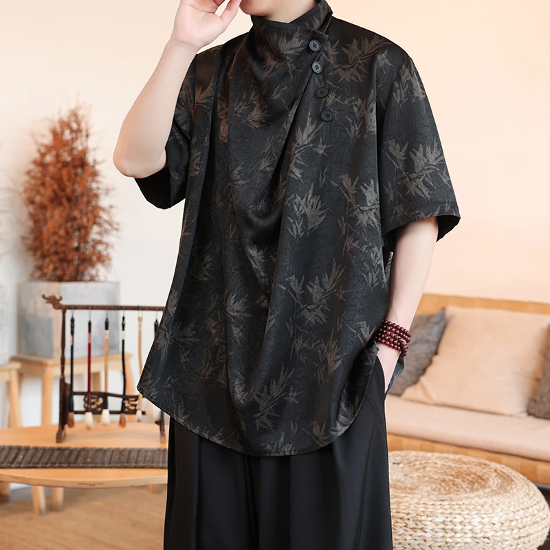 山本风冰丝短袖男小众设计感痞帅t恤中国风印花高堆领不规则体恤