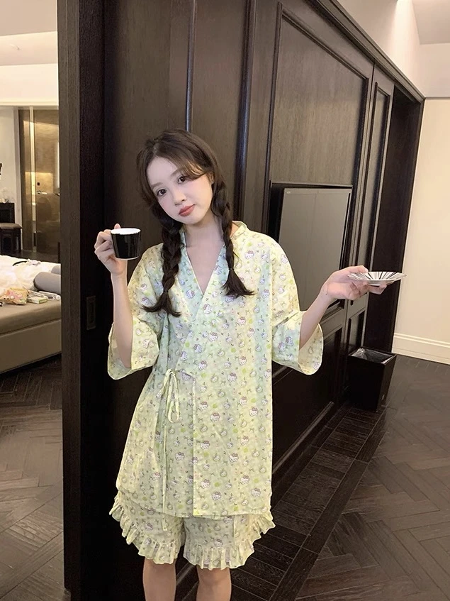 【和服kt】可爱卡通猫咪V领睡衣女夏季宽松休闲可外穿短袖家居服