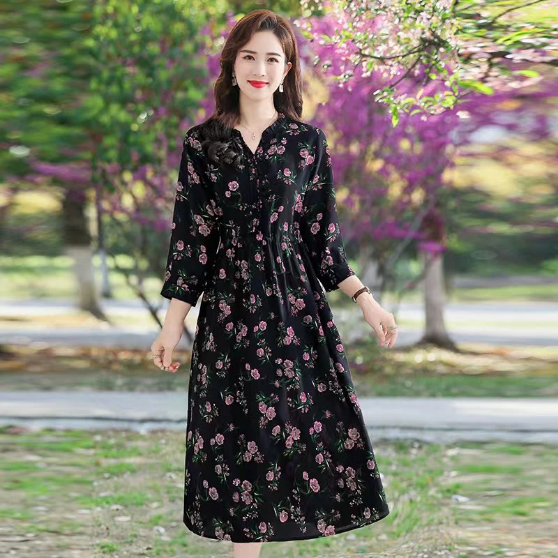 妈妈装连衣裙丝缎高工艺直喷中长袖女装【黑色粉朵】PS