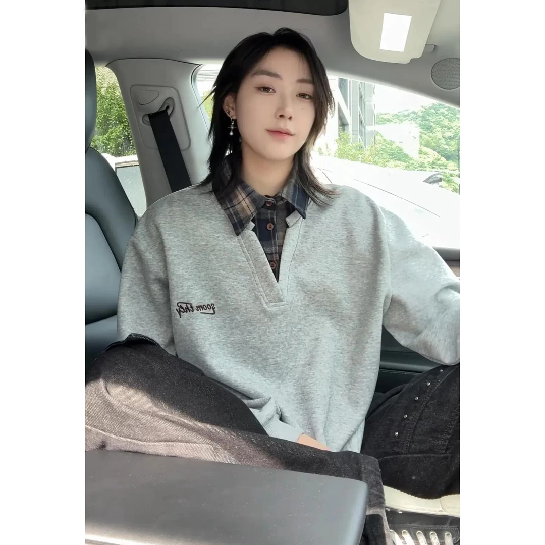 学院风假两件卫衣男女秋季小众设计感重磅翻领长袖美式高级感外套