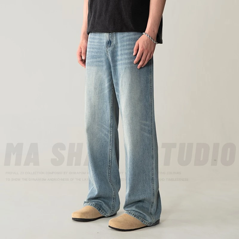 美式高街vibe复古浅色牛仔裤男潮宽松直筒微喇显瘦cleanfit长裤子