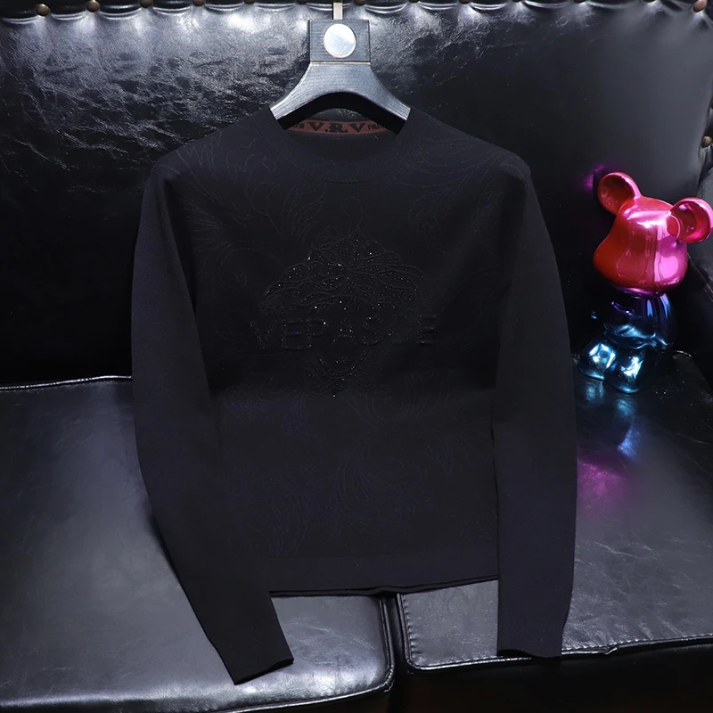 高端欧货莱赛尔天丝羊毛薄款烫钻高级圆领毛衣男大牌风羊毛衫打底