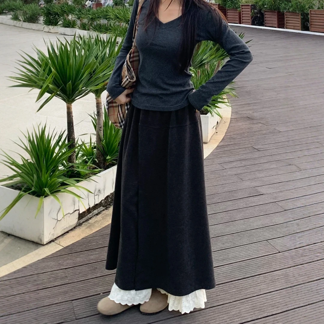 深灰色蕾丝花边毛呢裤裙女秋冬新款大码胖mm宽松显瘦休闲阔腿裤子