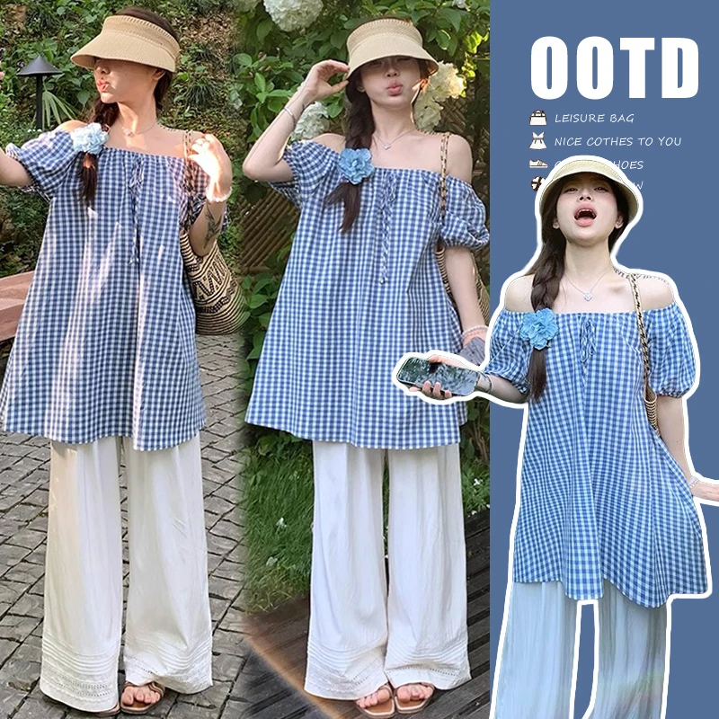 孕妇套装夏季中长款娃娃衫上衣白色阔腿裤子两件套孕期时尚穿搭