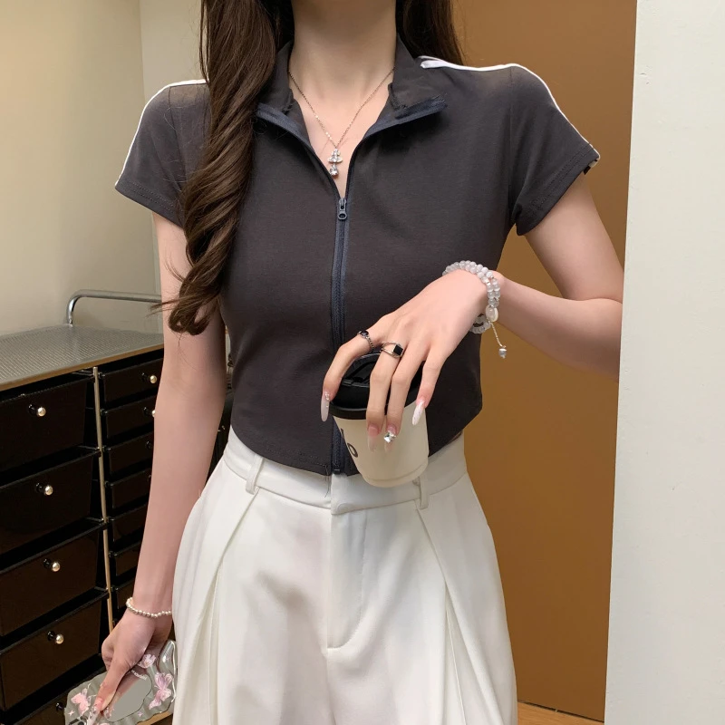 夏季新款运动风拉链短袖上衣女黑白撞色条显瘦短款T恤女