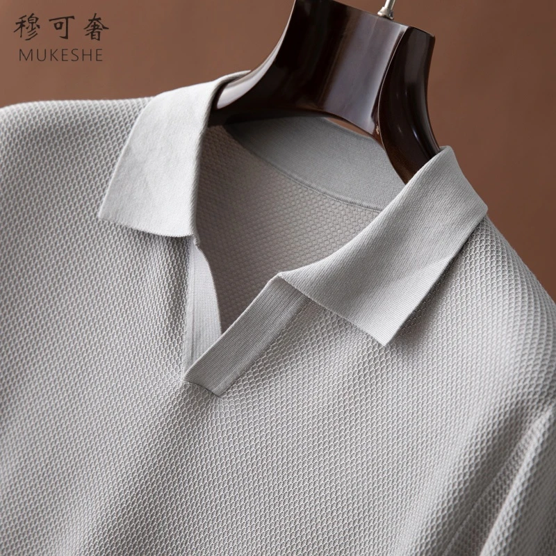 100%桑蚕丝春夏薄款短袖男士海鸥领POLO衫精纺透气商休闲针织半袖