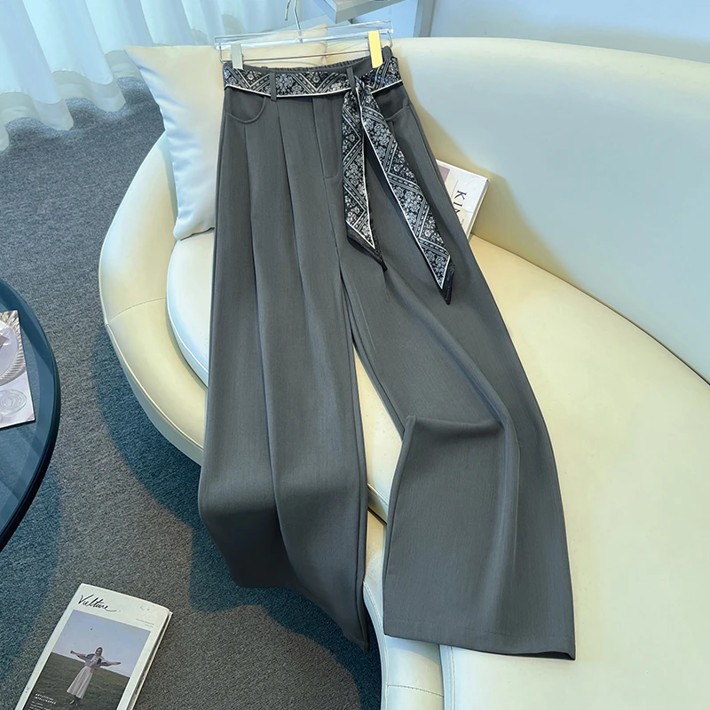 拉夏贝尔西装阔腿裤女2025夏季新款气质垂感高腰显瘦休闲直筒裤子