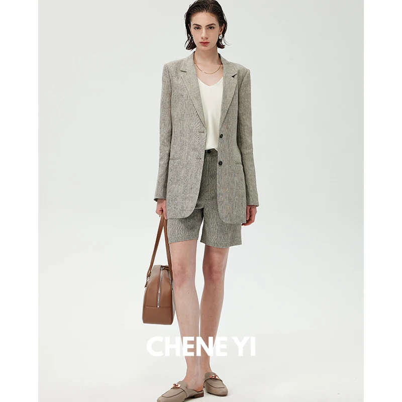 CHENE YI 意大利1oo亚麻意式老钱风格纹平驳领西装/短裤套装