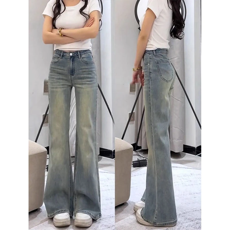 复古做旧不贴腿微喇牛仔裤女春季大码胖mm宽松显瘦梨形身材喇叭裤