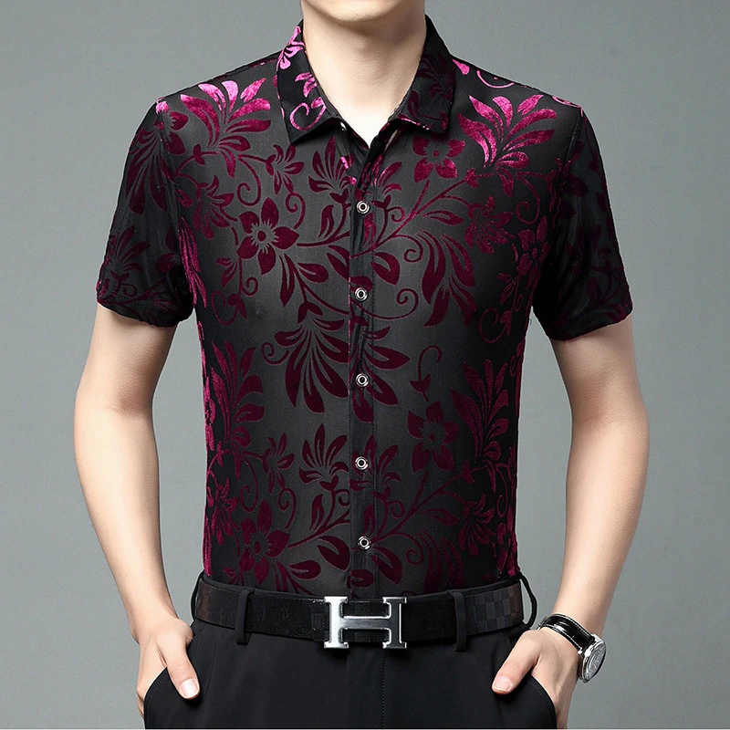 2025新款时尚潮流性感休闲短袖衬衣男士高端提花透明衬衫男装一件
