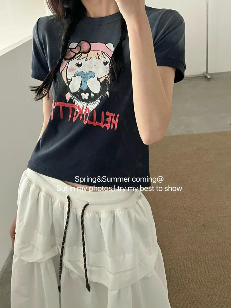 kimss设计师款kitty印花圆领修身做旧短袖T恤女上衣