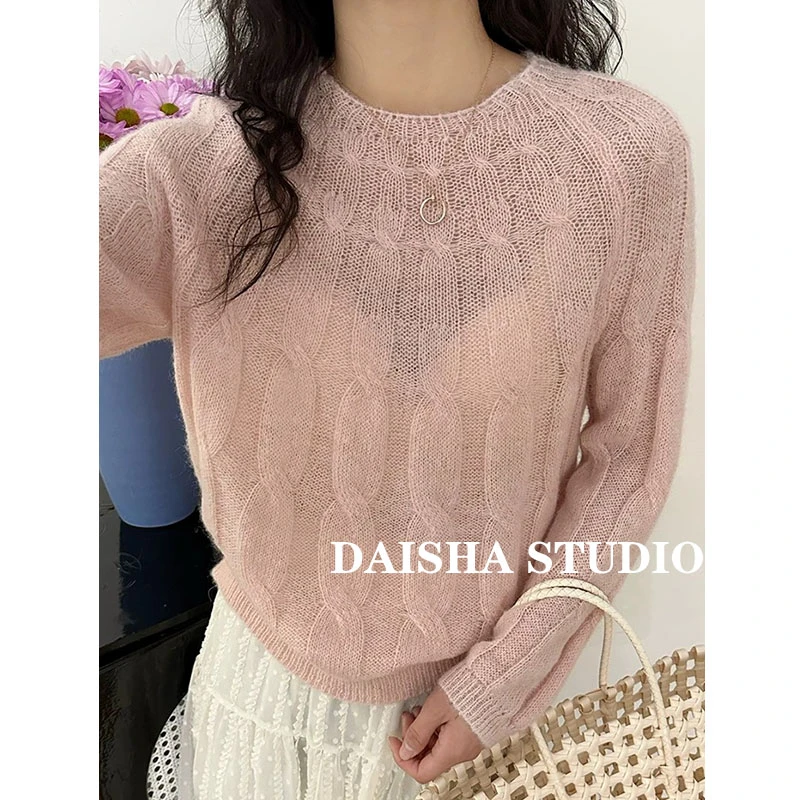 【渐变麻花】法式温柔马海毛圆领长袖针织衫女慵懒宽松显瘦薄款上衣