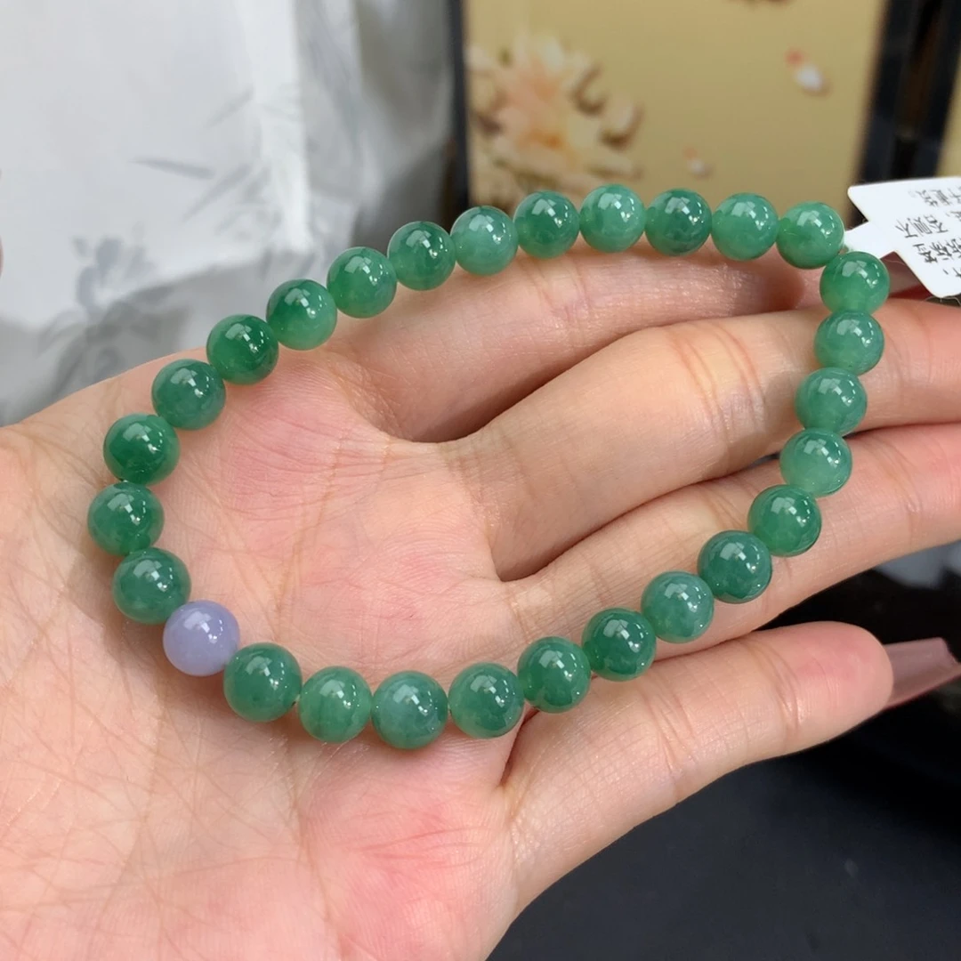 翡翠手链未镶嵌卡6.6胶润绿飘花手串